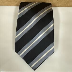 Venanzi Italian Silk Necktie Black Gray White Striped Tie - Read